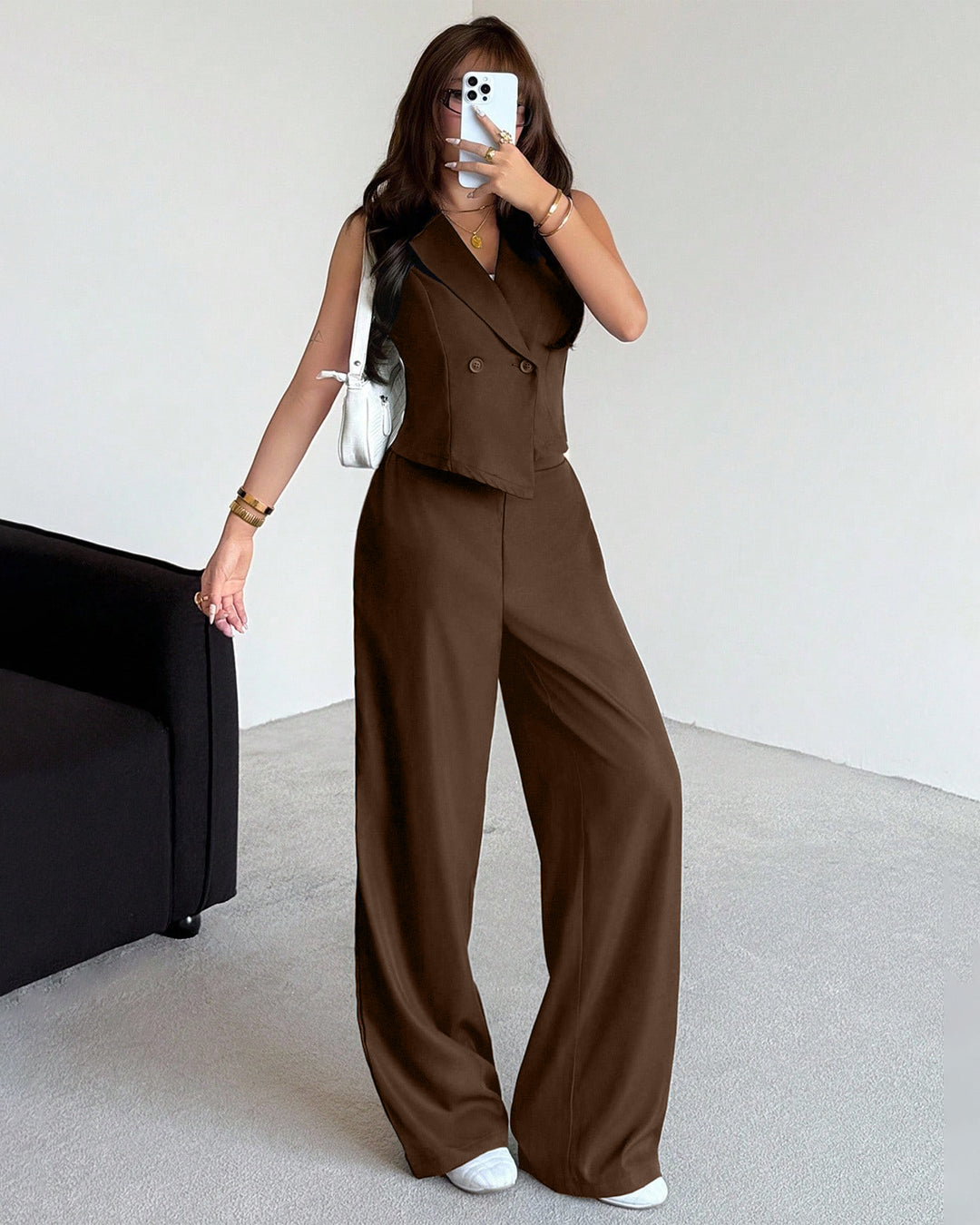 Solid Wide Leg Sleeveless Jumpsuit in Cocoa Brown