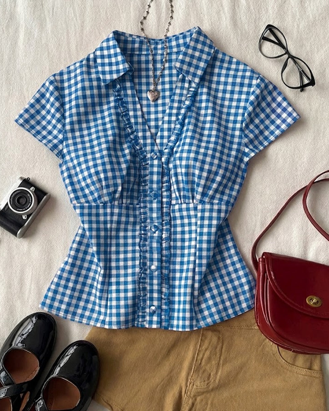 Ruffle Trim Collar Neck Shirt Top in Denim Blue