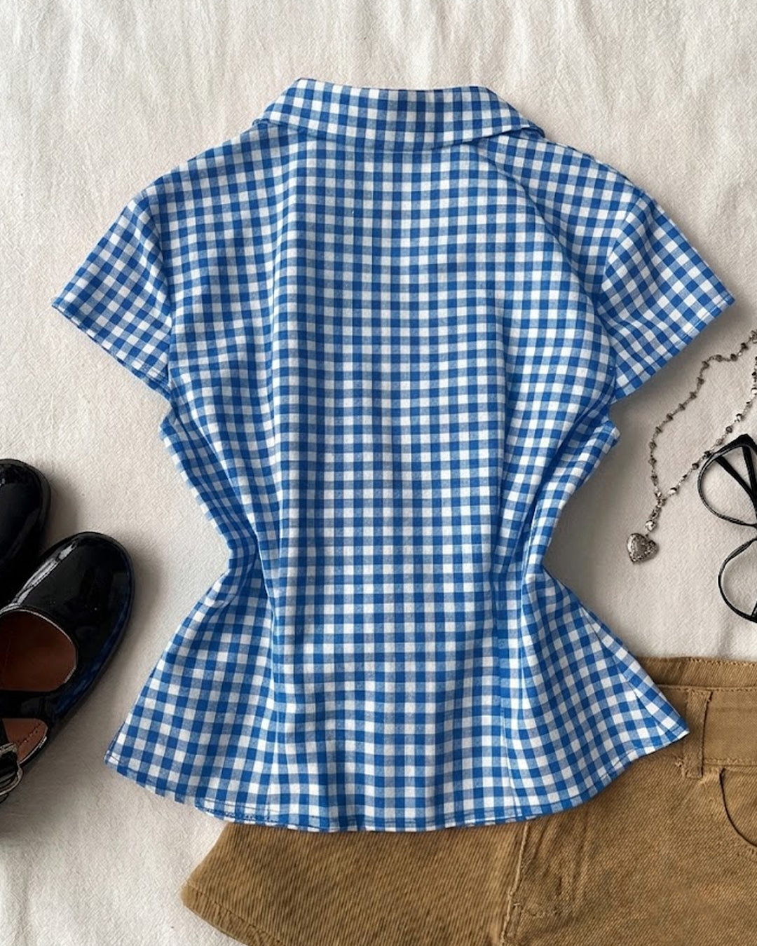 Ruffle Trim Collar Neck Shirt Top in Denim Blue