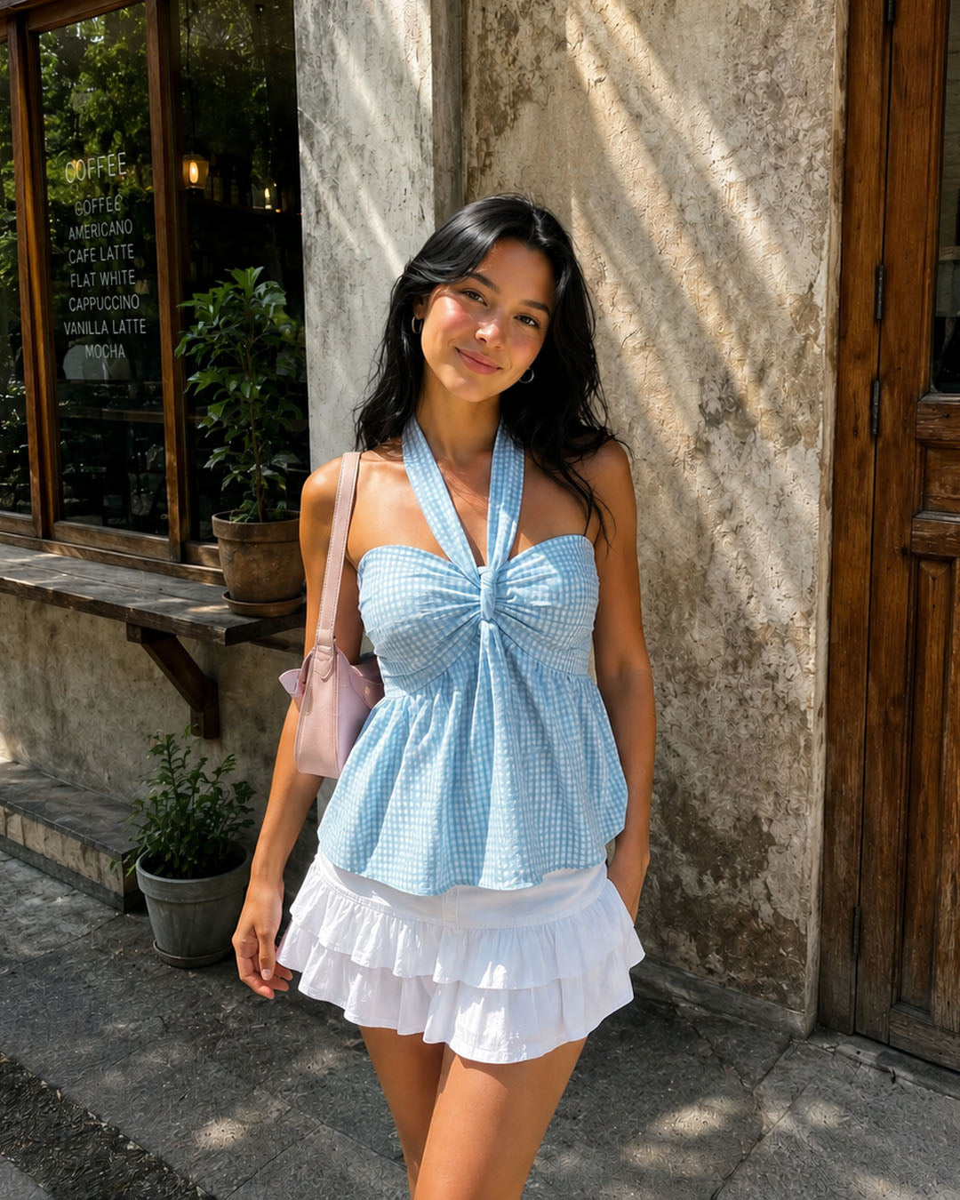 Tie Neck Flared Hem Top in Baby Blue
