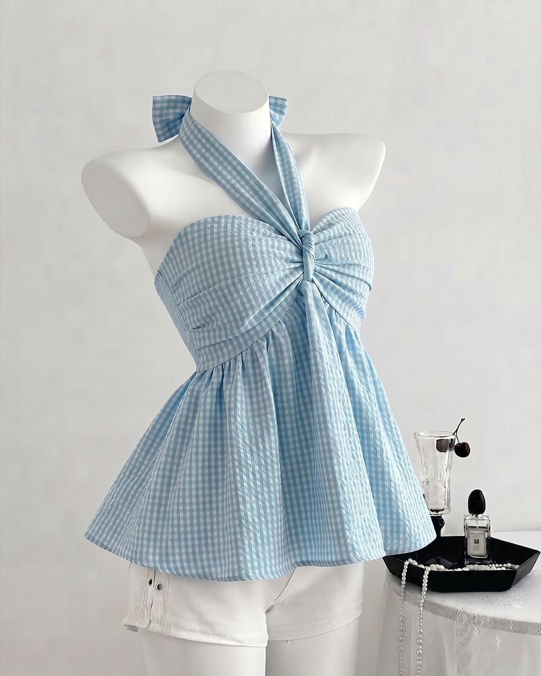 Tie Neck Flared Hem Top in Baby Blue
