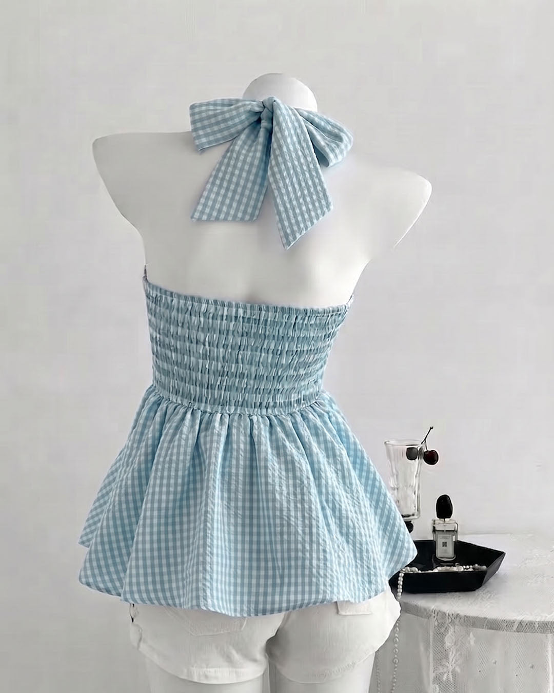 Tie Neck Flared Hem Top in Baby Blue