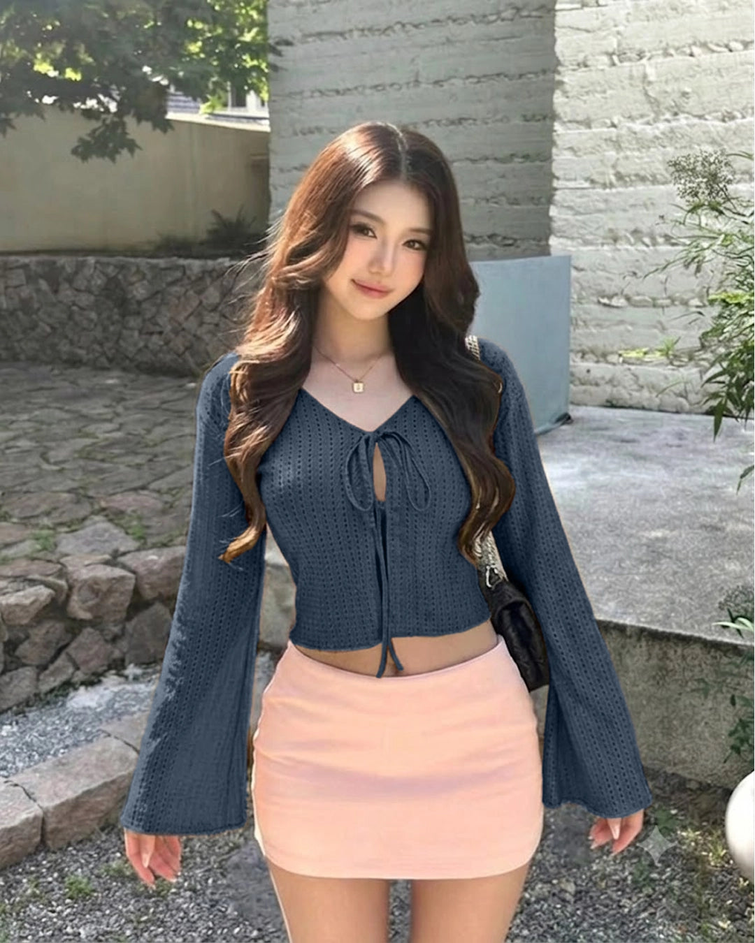 Pointelle Tie Front Bell Sleeve Crop Top in Midnight Navy Blue