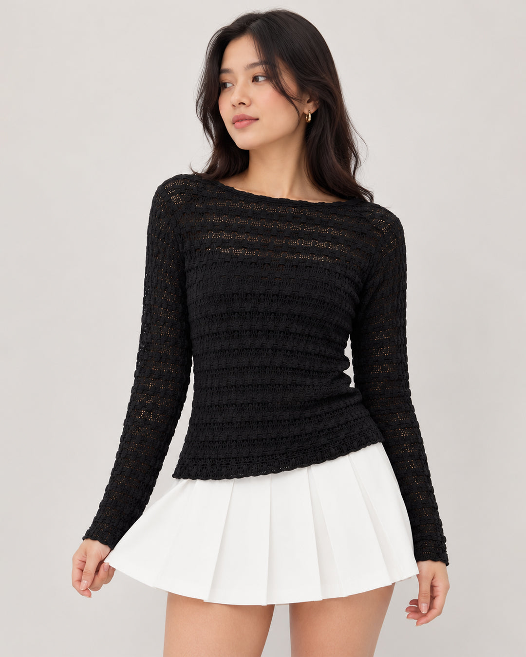 Relaxed Boat Neck Long Sleeve Top in Classic Black