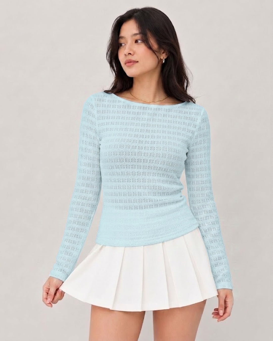 Relaxed Boat Neck Long Sleeve Knit Top in Baby Blue