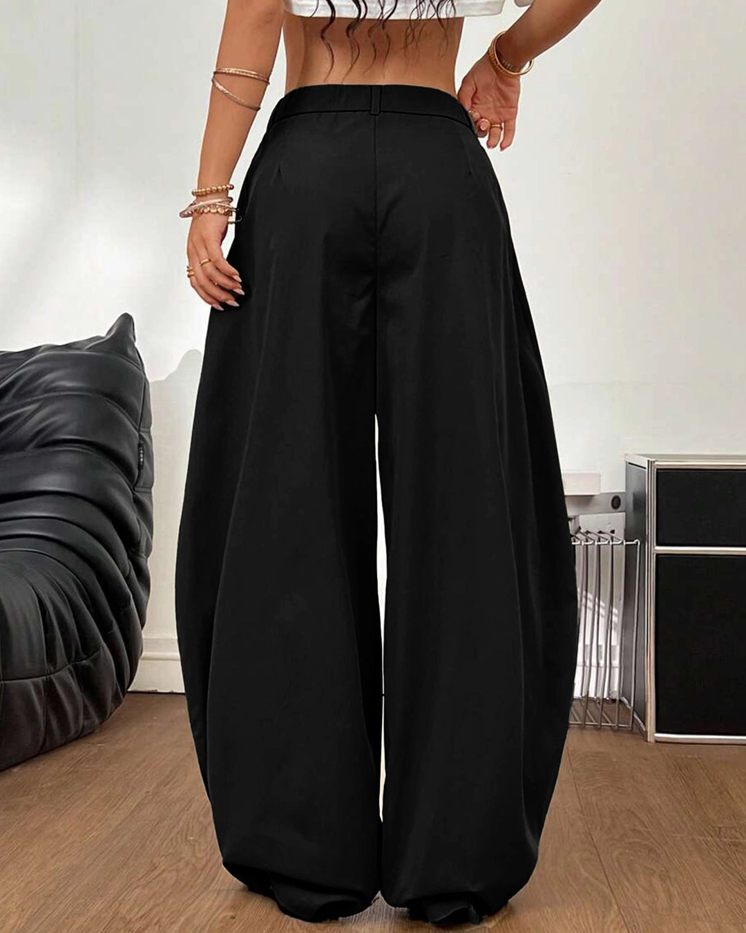 High Waist Pleated Wide Leg Trousers in Classic Black