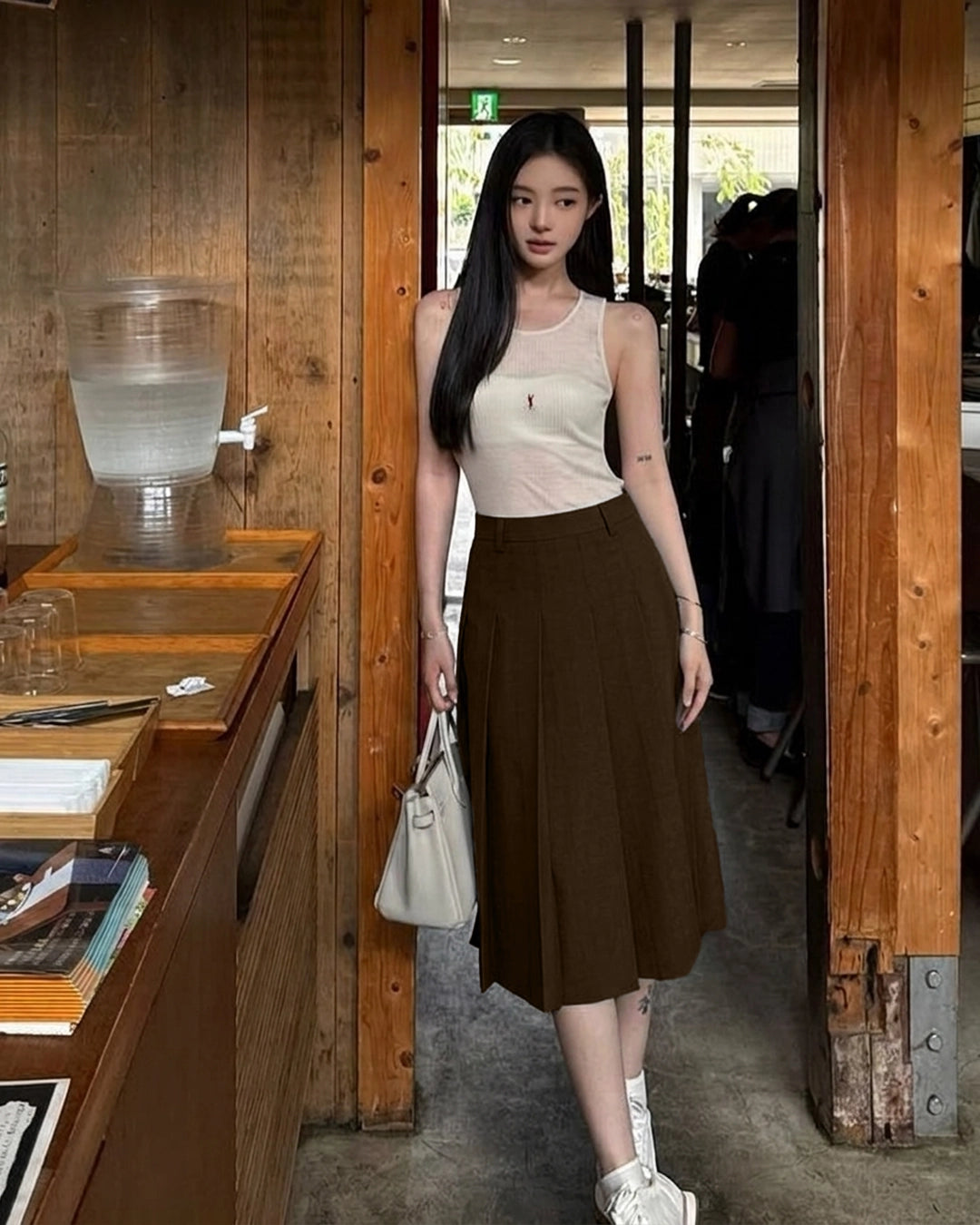 Pleated A-Line Midi Skirt in Cocoa Brown