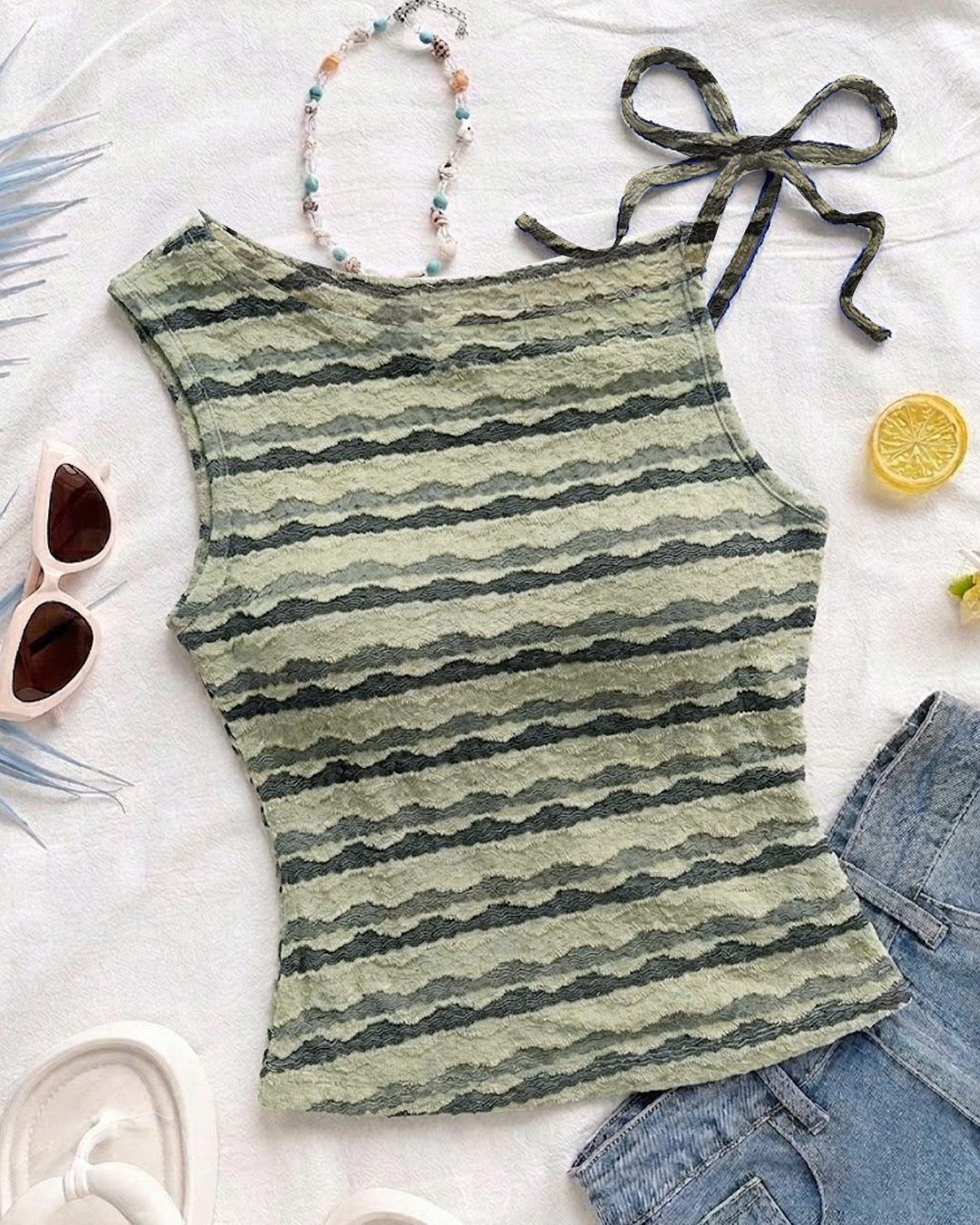 Striped Tie Strap Knit Cami Top in Sage Green