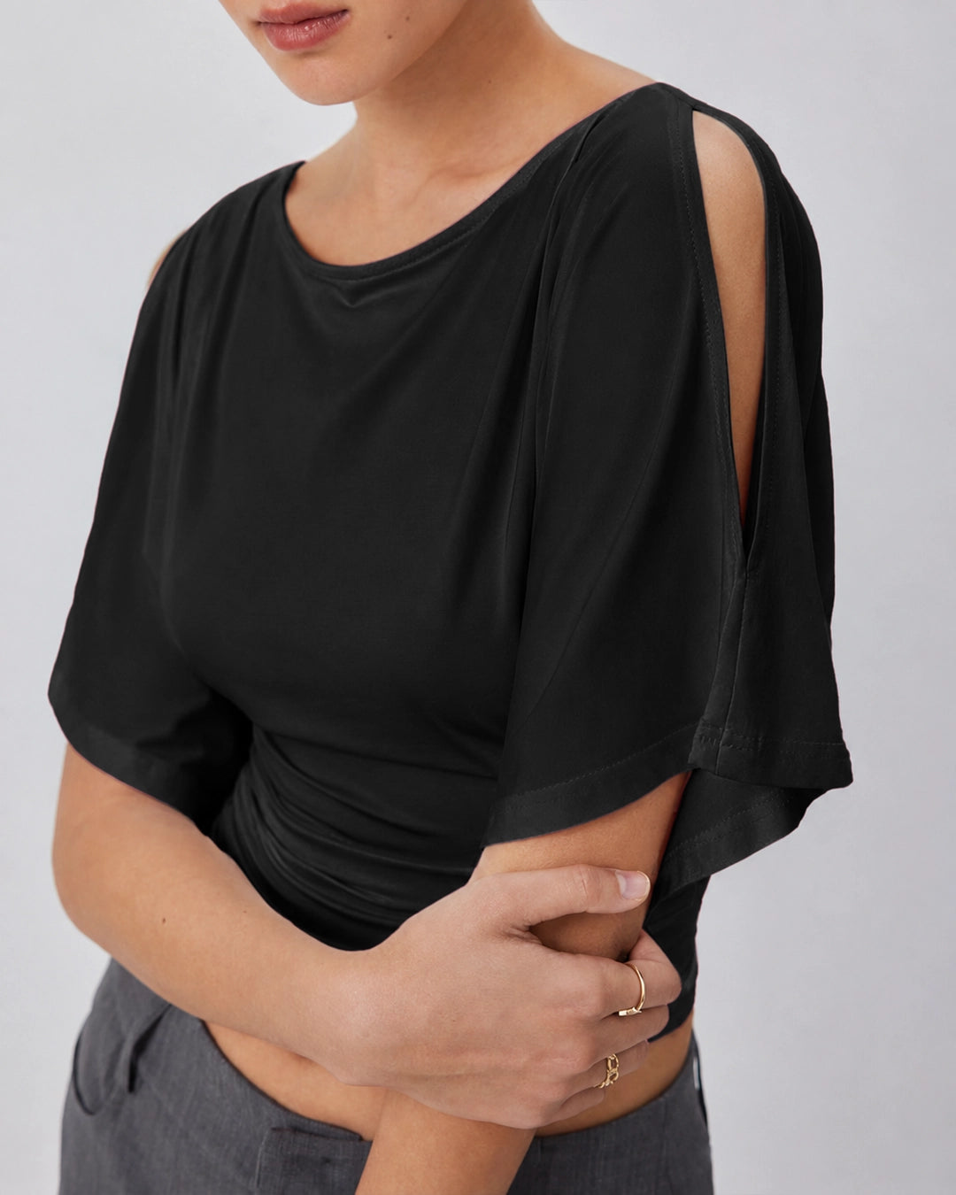 Boat Neck Ruched Waist Top in Classic Black