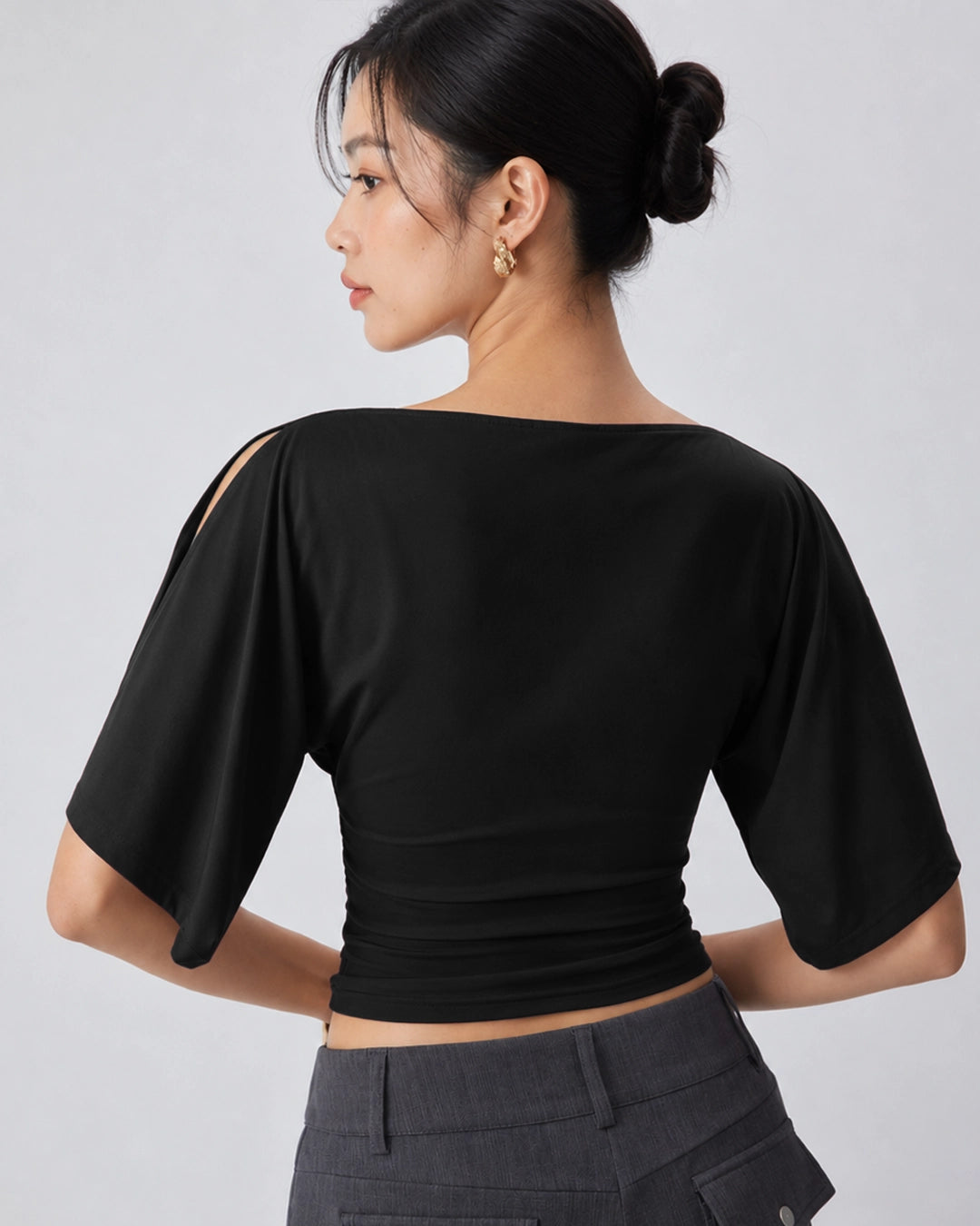 Boat Neck Ruched Waist Top in Classic Black