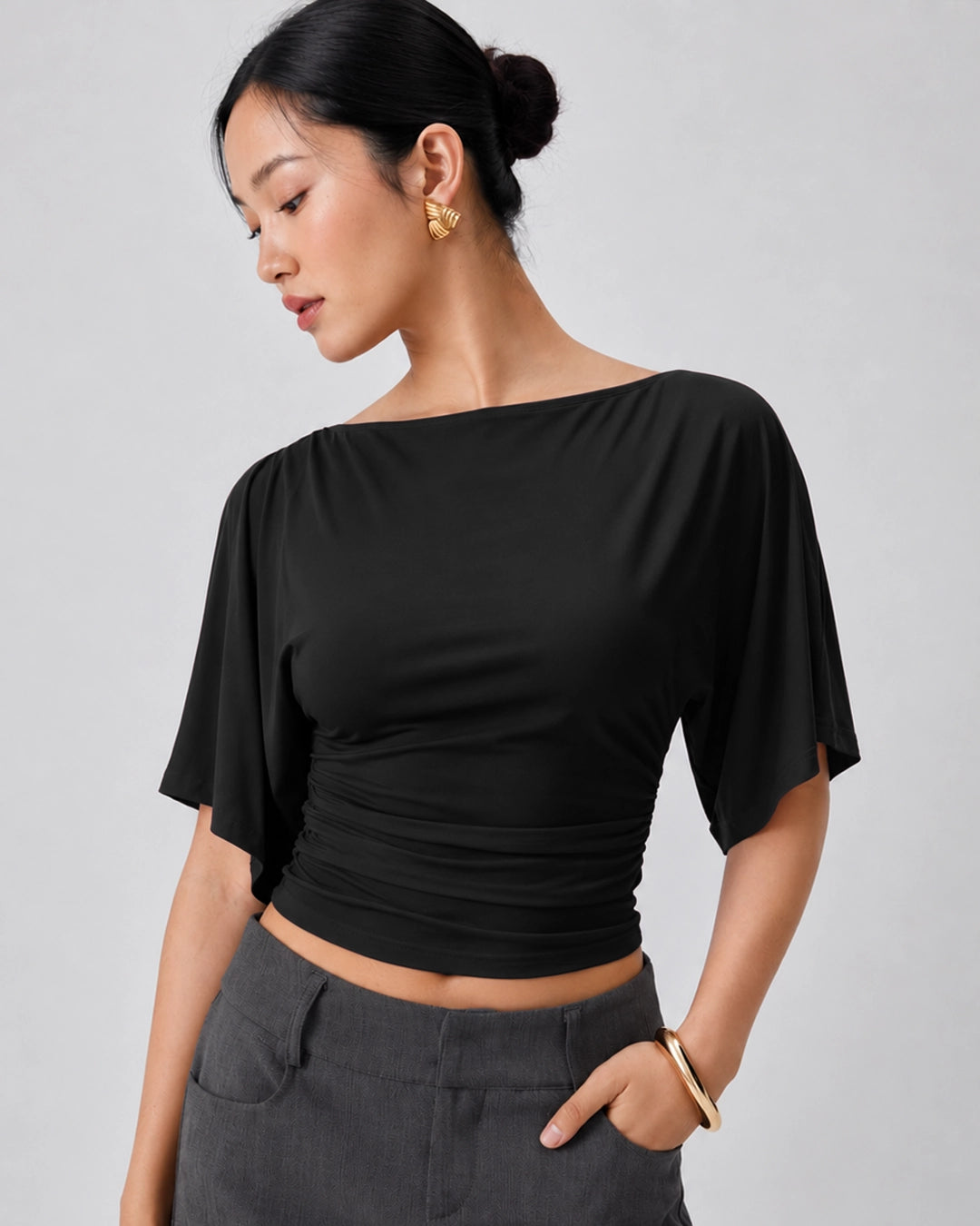 Boat Neck Ruched Waist Top in Classic Black