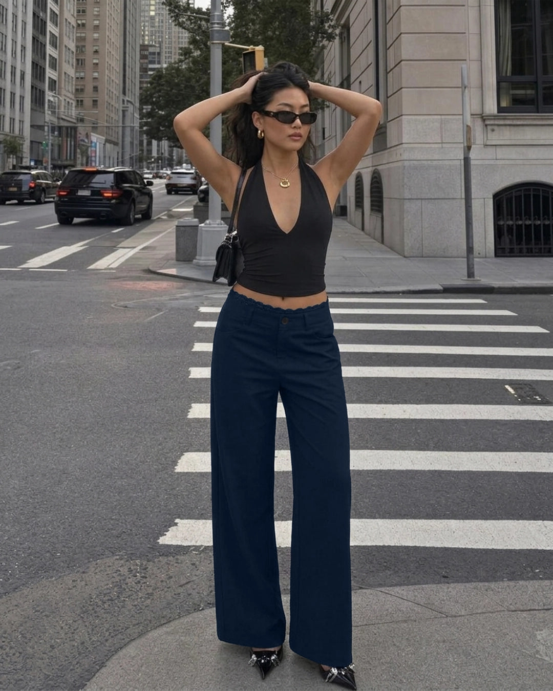 High Waist Wide Leg Trousers in Dark Navy Blue