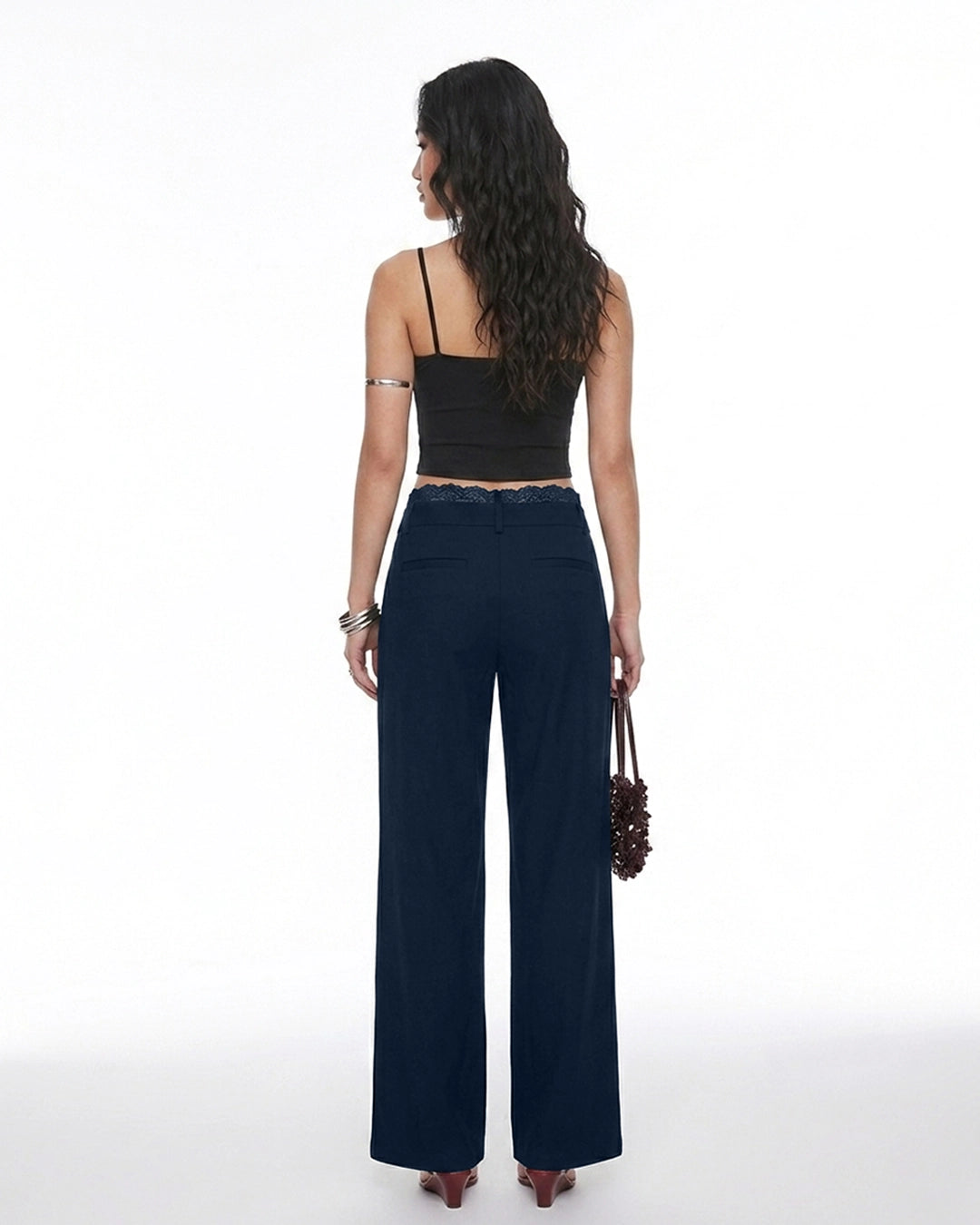 High Waist Wide Leg Trousers in Dark Navy Blue