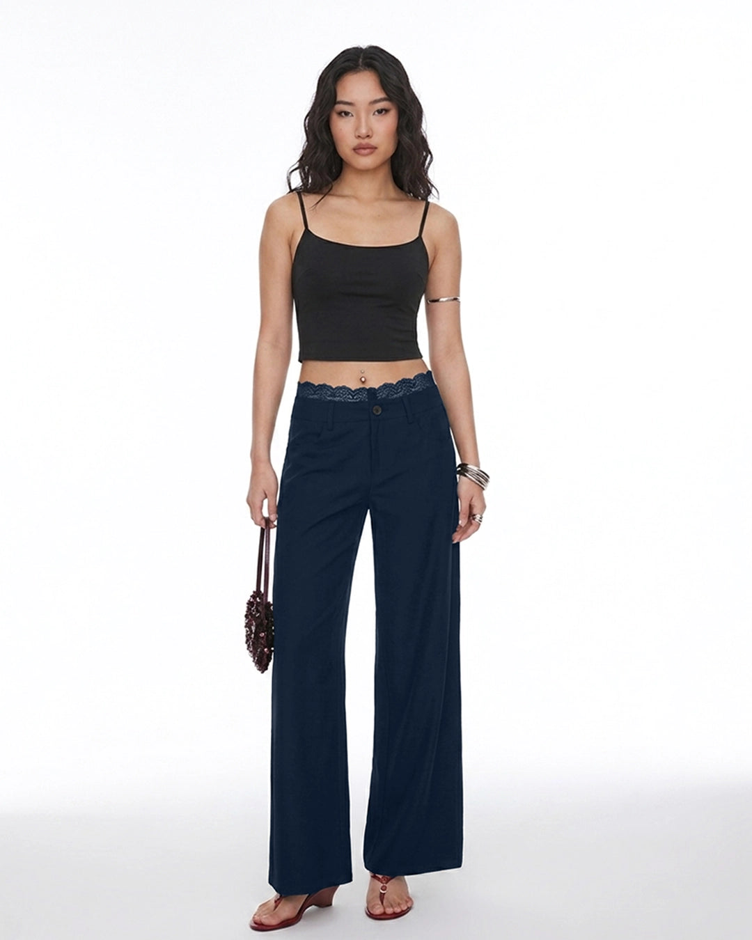 High Waist Wide Leg Trousers in Dark Navy Blue