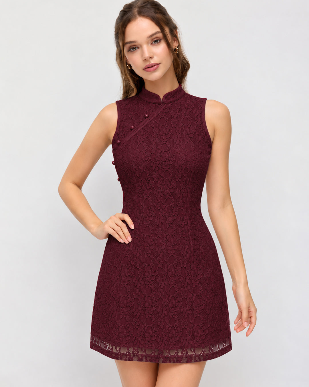 Mock Neck Sleeveless Fit and Flare Mini Dress in Wine Maroon
