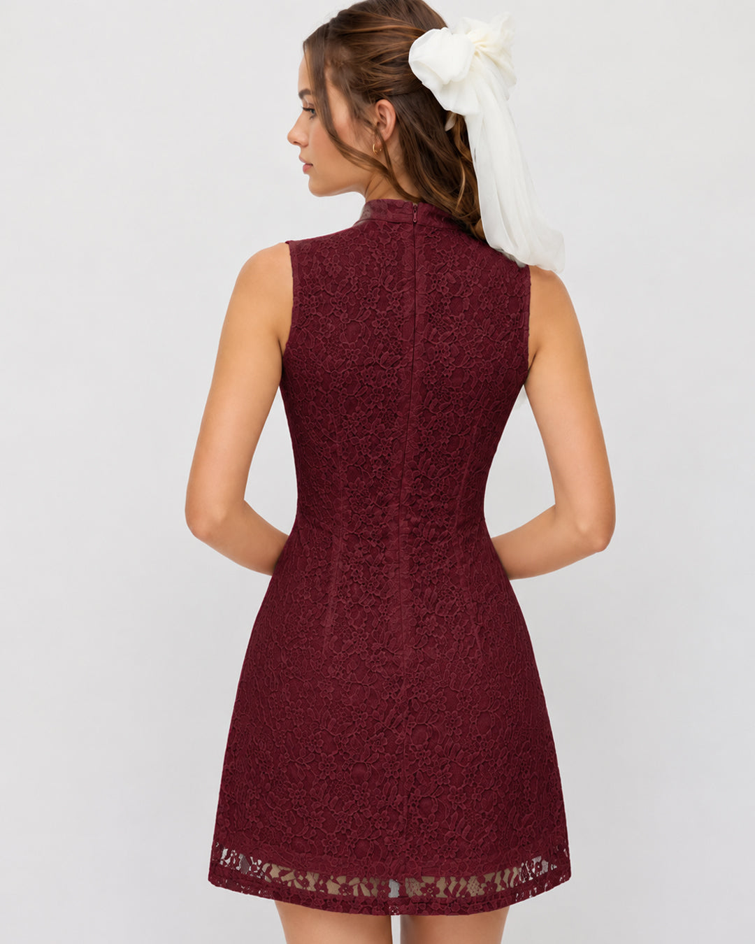 Mock Neck Sleeveless Fit and Flare Mini Dress in Wine Maroon