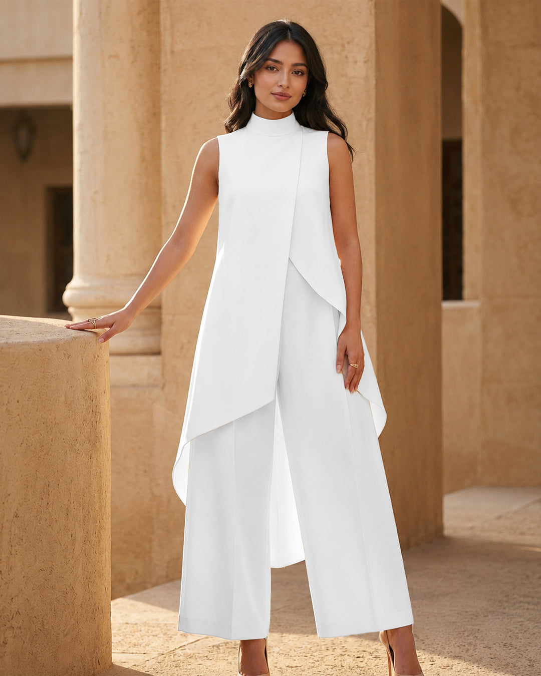 High Neck Asymmetric Top and Wide Leg Trousers Co-Ord Set in Classic White