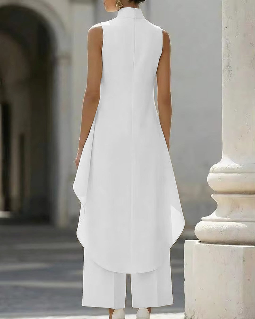 High Neck Asymmetric Top and Wide Leg Trousers Co-Ord Set in Classic White