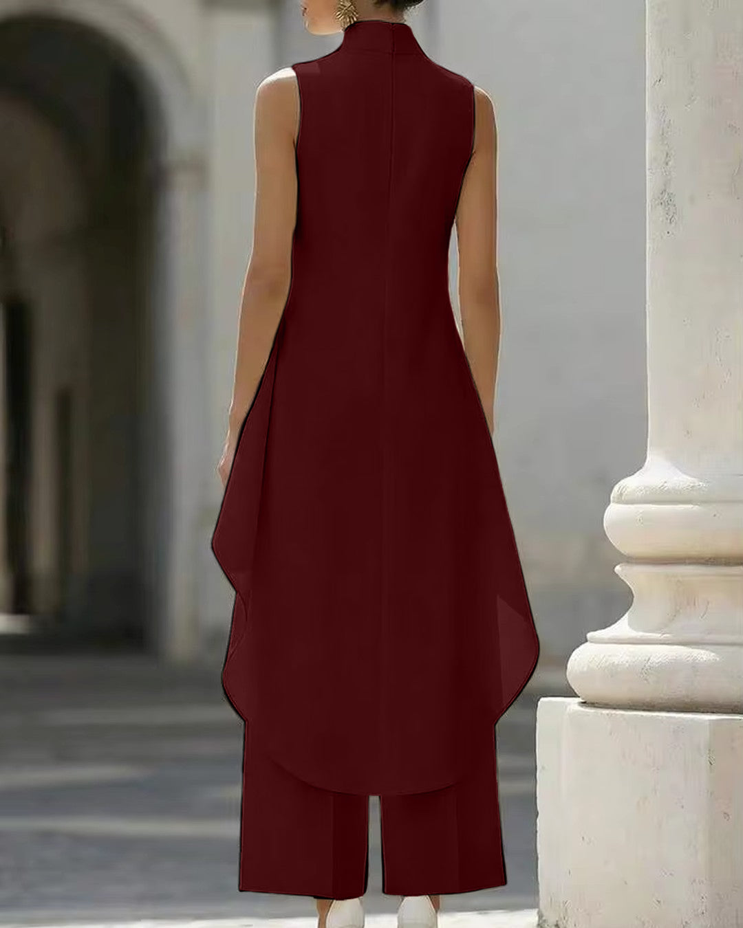 High Neck Asymmetric Co-Ord Set in Cherry