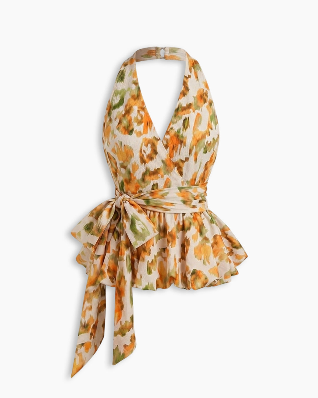 Halter Neck Wrap Peplum Top in Cream and Rust Orange