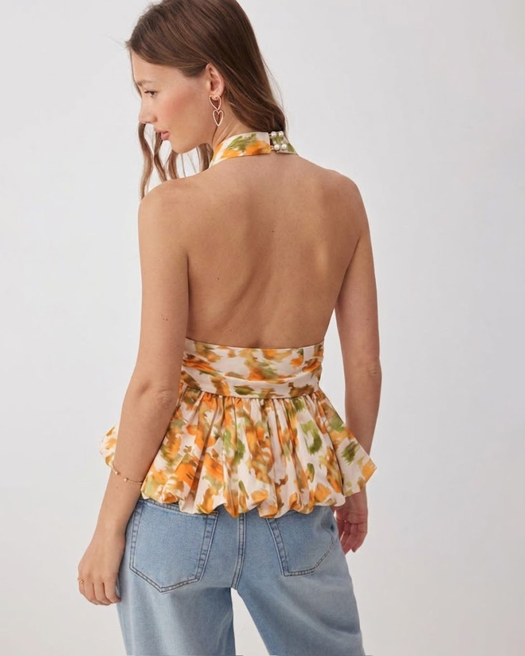 Halter Neck Wrap Peplum Top in Cream and Rust Orange