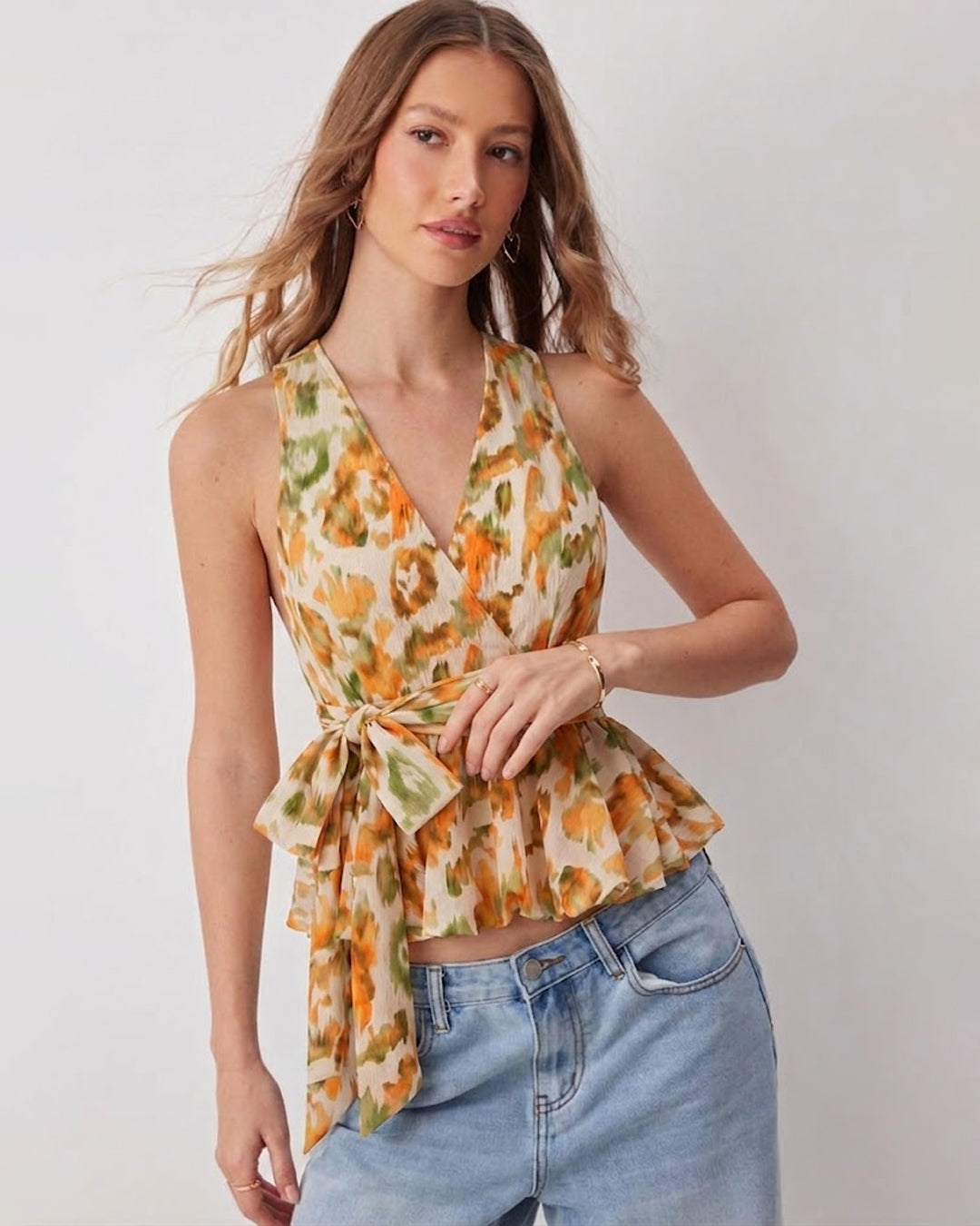 Halter Neck Wrap Peplum Top in Cream and Rust Orange
