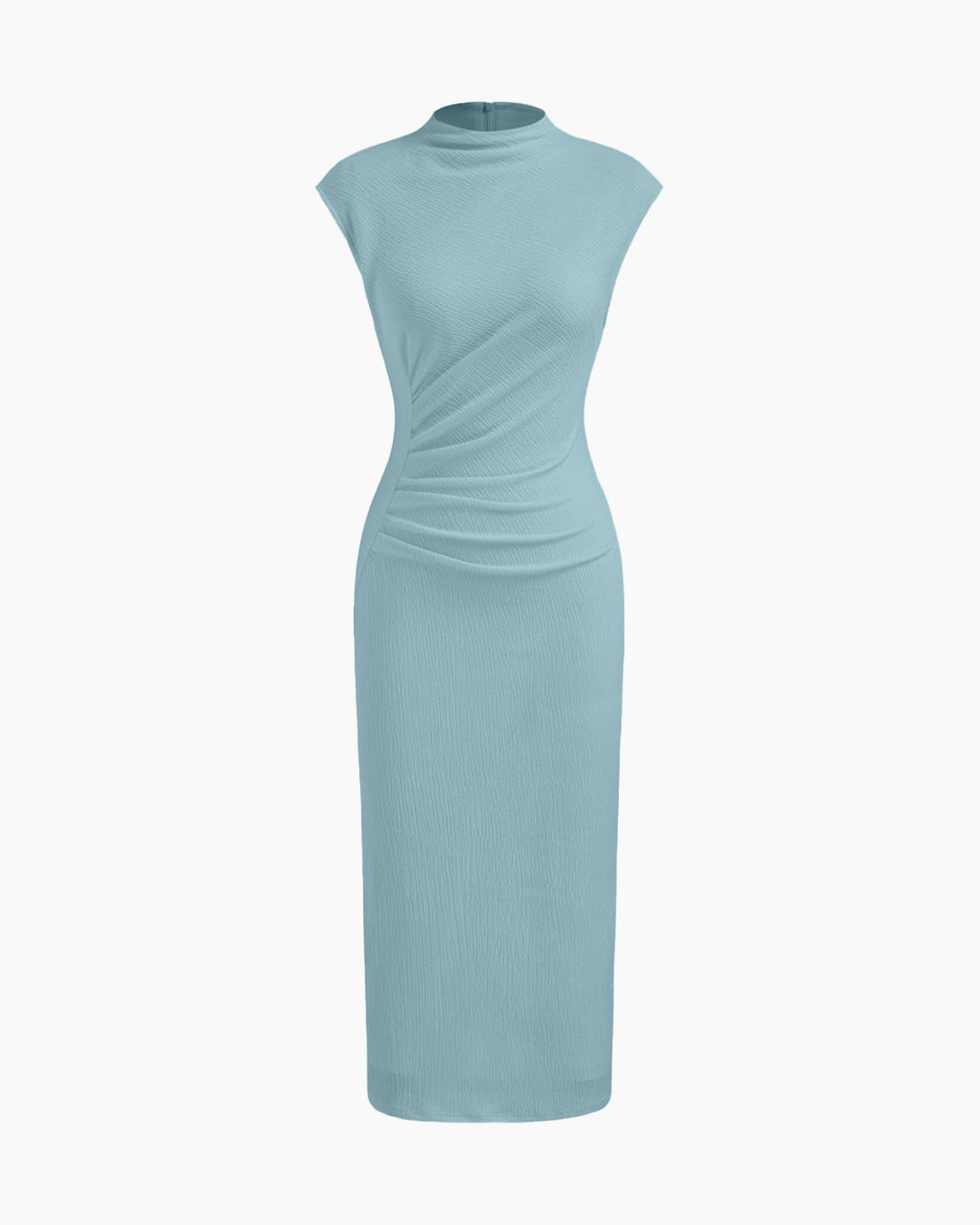 Mock Neck Ruched Bodycon Midi Dress in Sky Blue