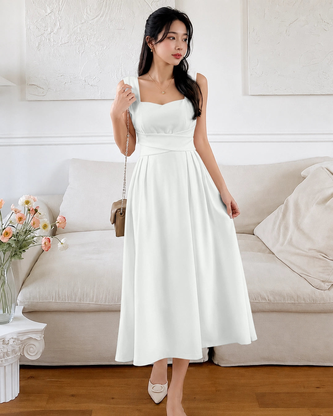 Square Neck Sleeveless Sundress Midi Dress in Classic White