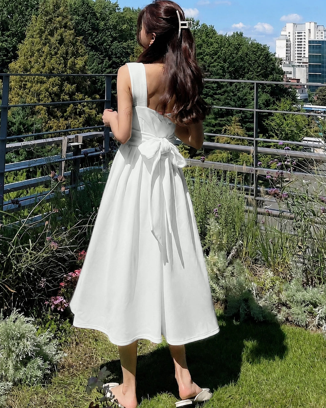 Square Neck Sleeveless Sundress Midi Dress in Classic White