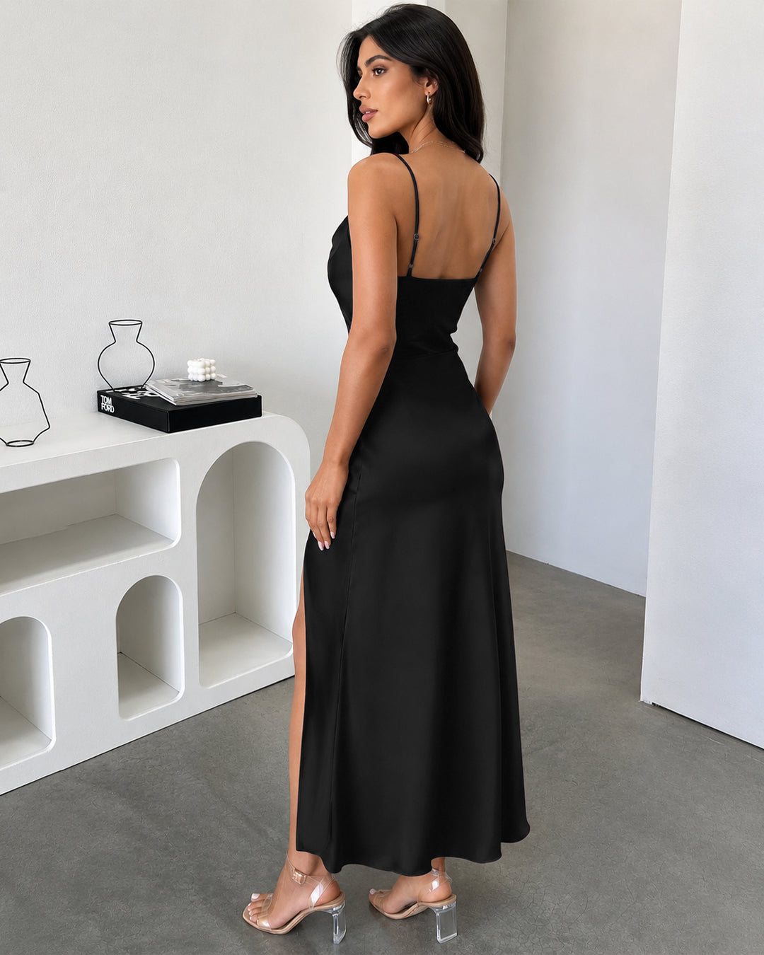 Cowl Neck Satin Maxi Dress in Soft Black