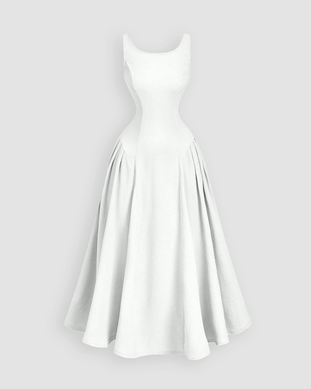 Scoop Neck Slim Fit Flared Hem Sleeveless Midi Dress in Classic White