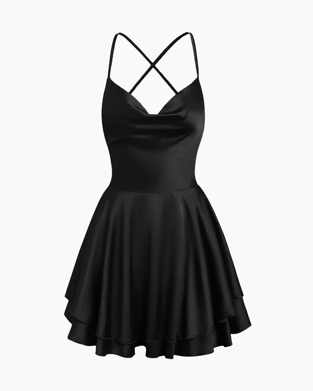 Cowl Neck Cross Back Fit and Flare Mini Dress in Soft Black