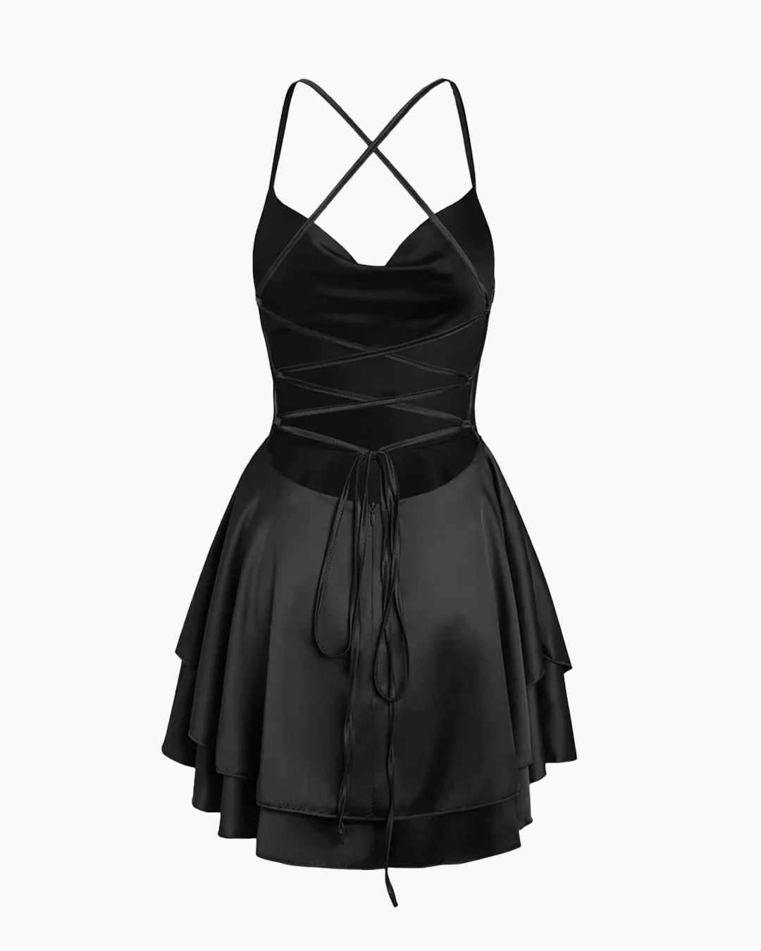 Cowl Neck Cross Back Fit and Flare Mini Dress in Soft Black