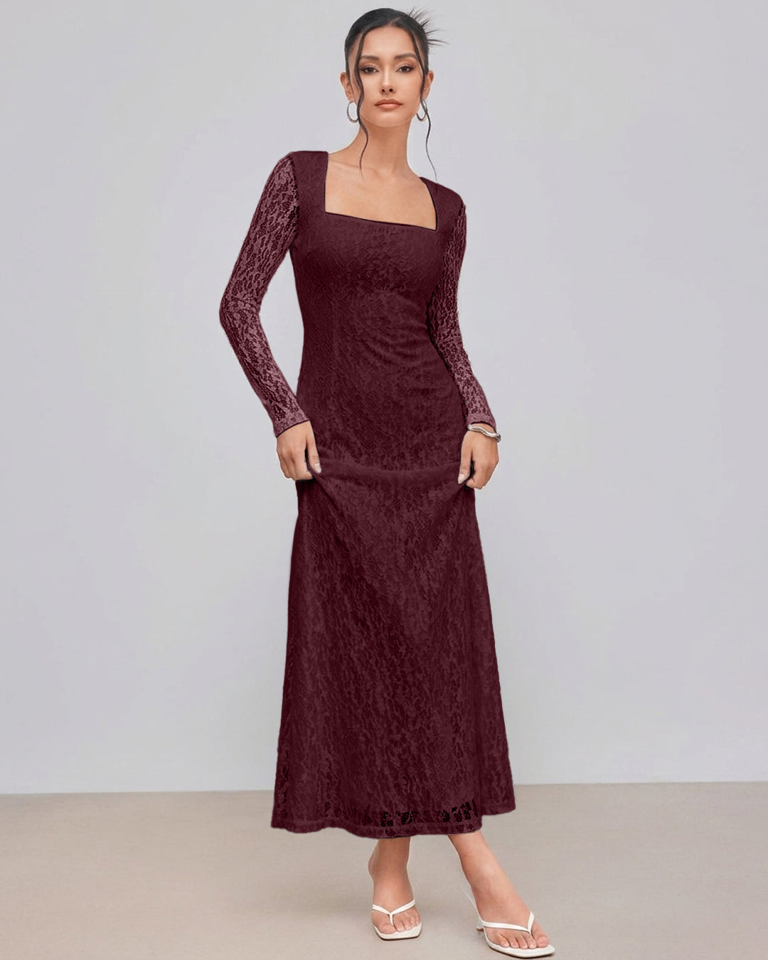 Square Neck Lace Midi Dress in Merlot