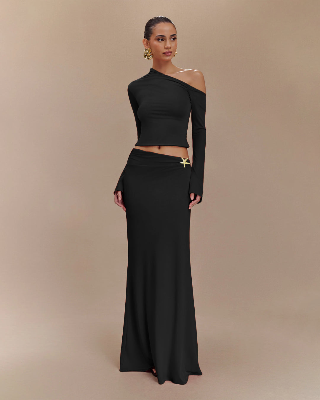 One Shoulder Cut-Out Top and Maxi Skirt Co-Ord Set in Soft Black