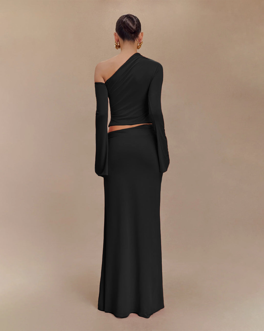 One Shoulder Cut-Out Top and Maxi Skirt Co-Ord Set in Soft Black