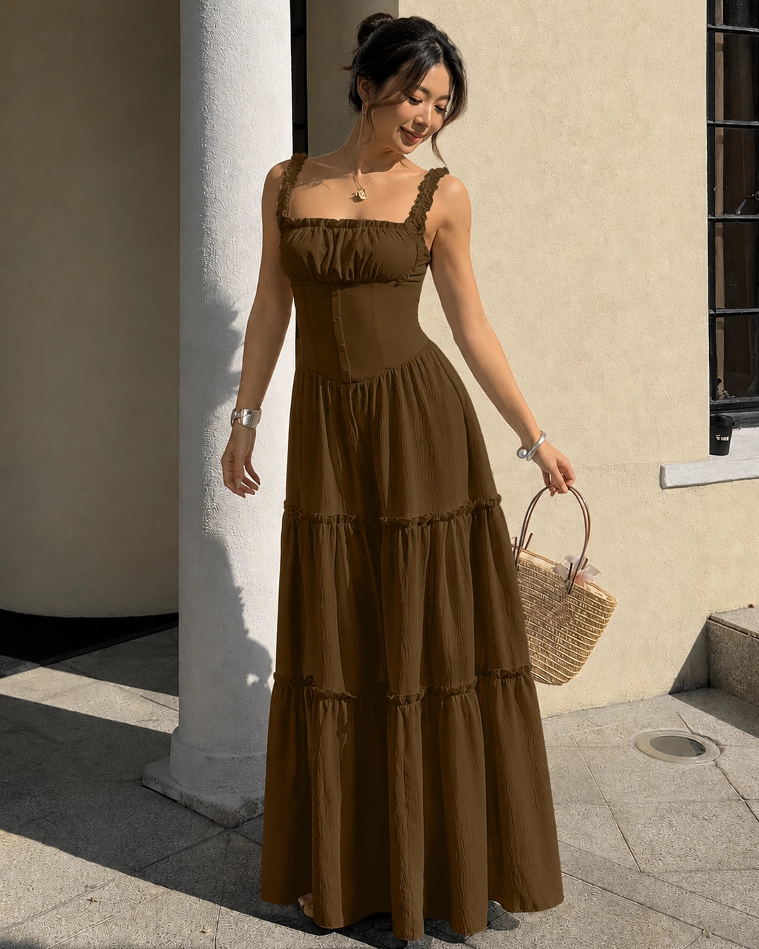 Square Neck Fit and Flare Sleeveless Layered Maxi Dress in Cocoa Brown