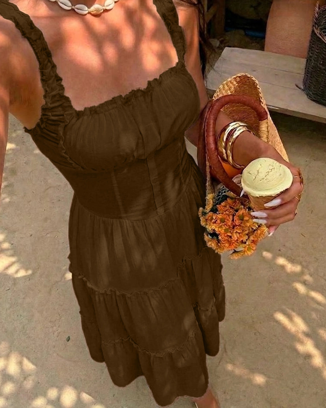 Square Neck Fit and Flare Sleeveless Layered Maxi Dress in Cocoa Brown