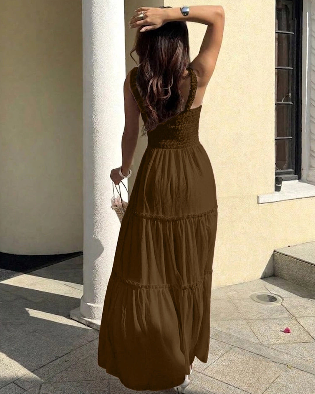 Square Neck Fit and Flare Sleeveless Layered Maxi Dress in Cocoa Brown