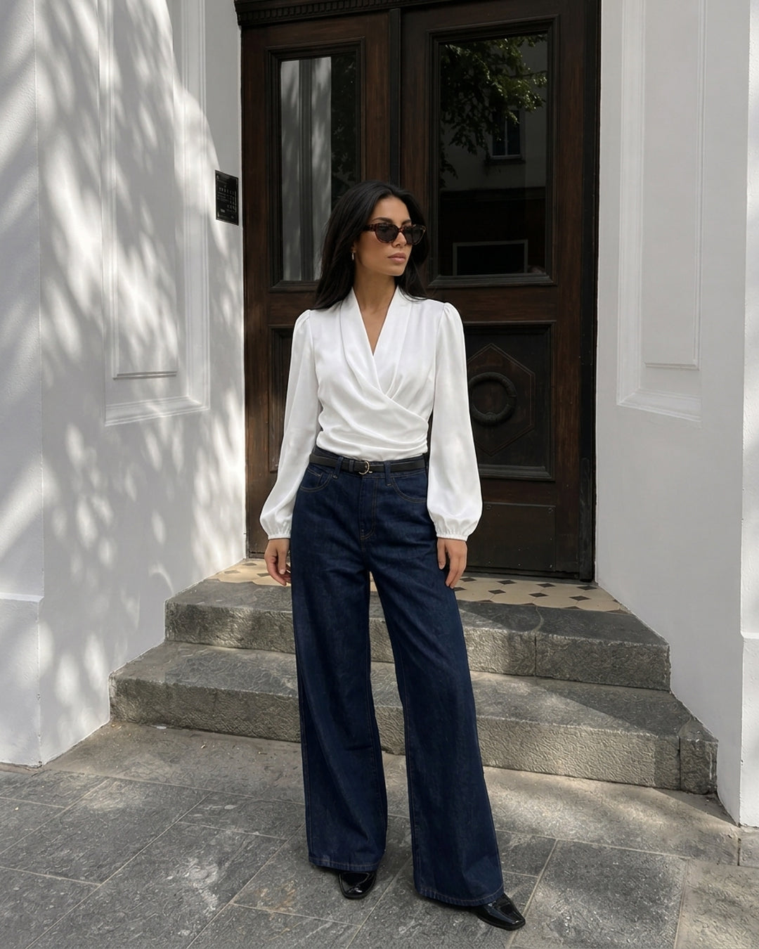 Draped Wrap Satin Top in Classic White