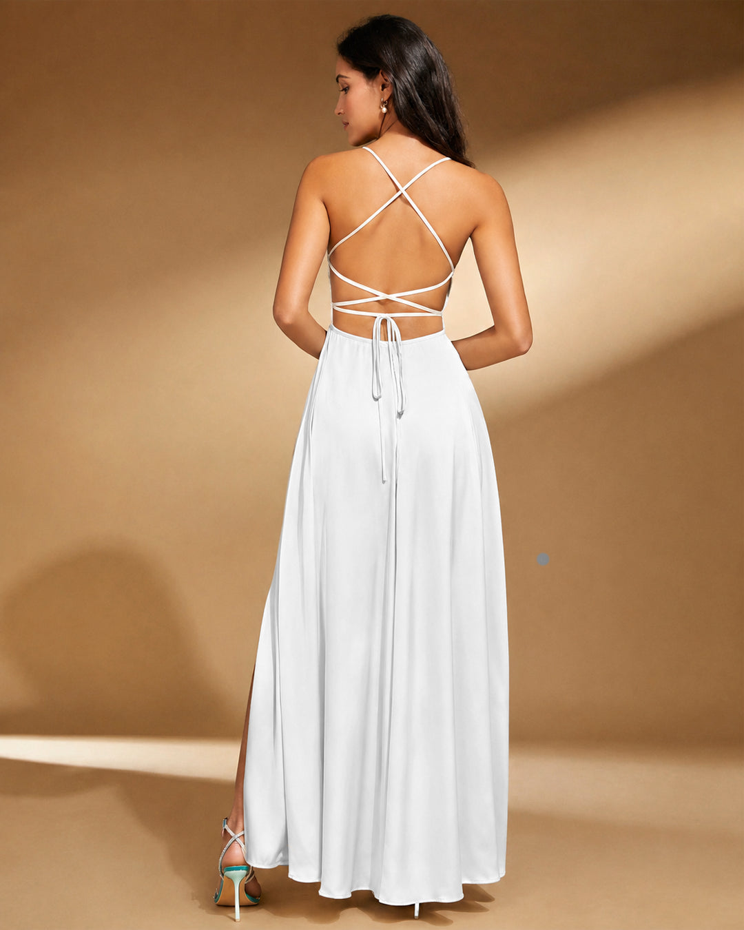 Spaghetti Strap Square Neck A-Line Slit Maxi Dress in Classic White