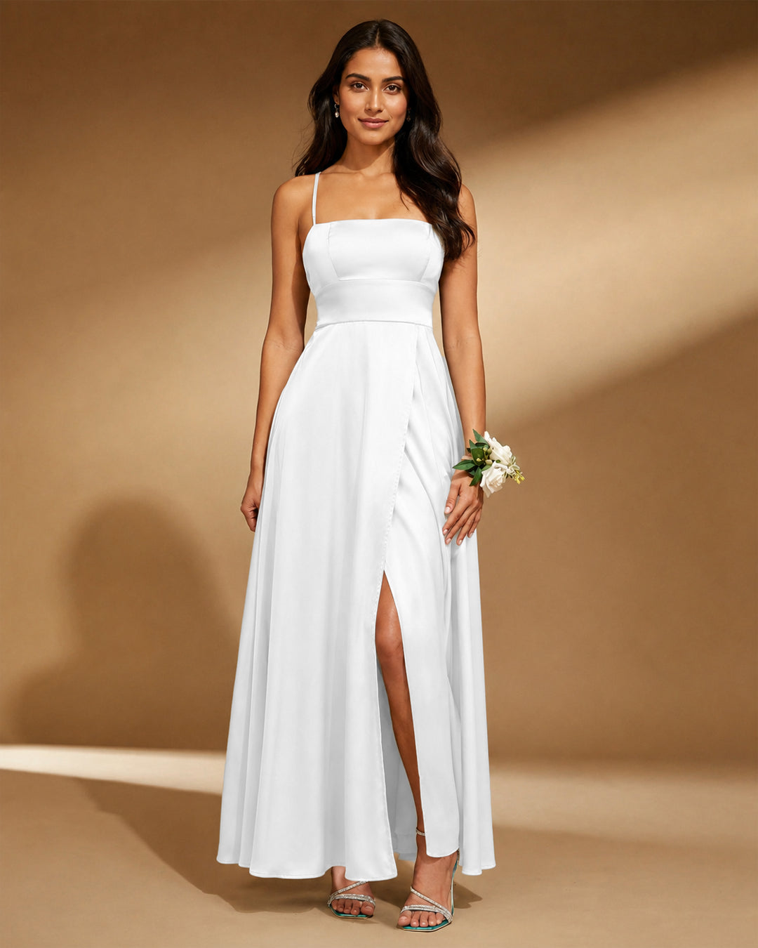 Spaghetti Strap Square Neck A-Line Slit Maxi Dress in Classic White