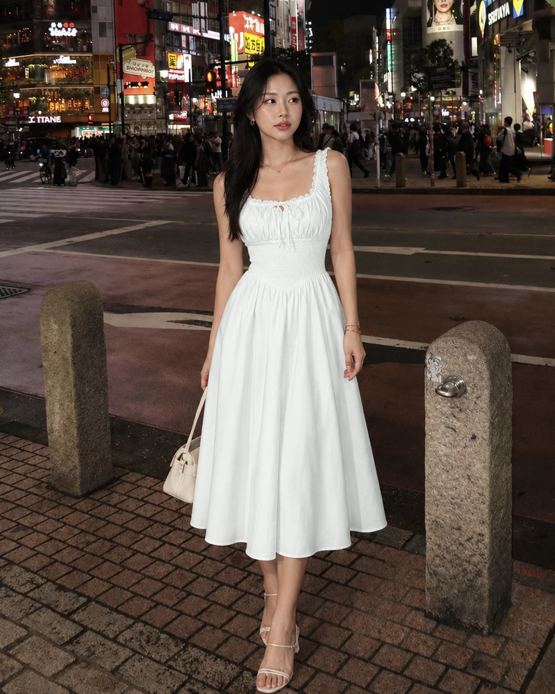 Smocked Fit and Flare Midi Dress in Off White