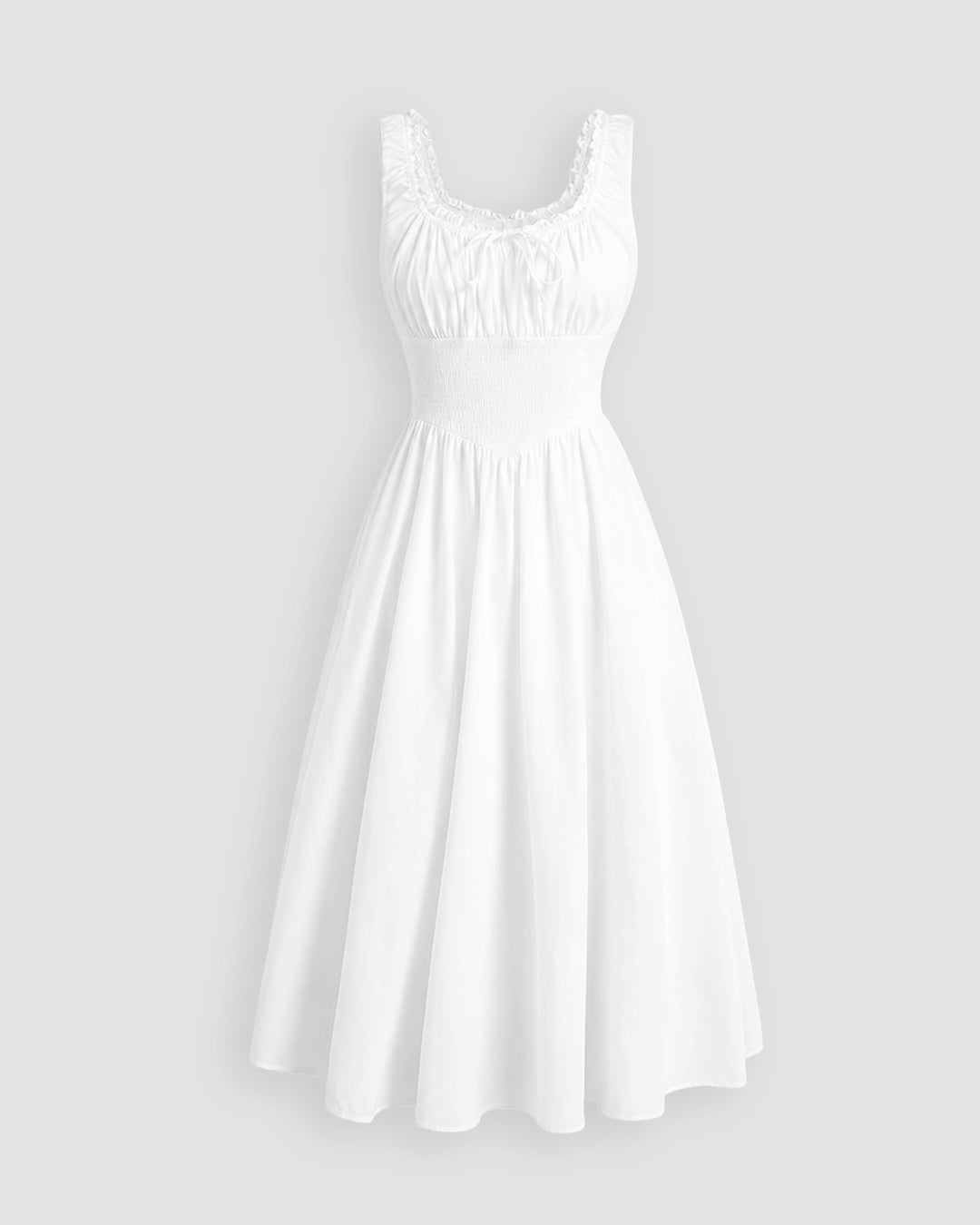 Smocked Fit and Flare Midi Dress in Off White