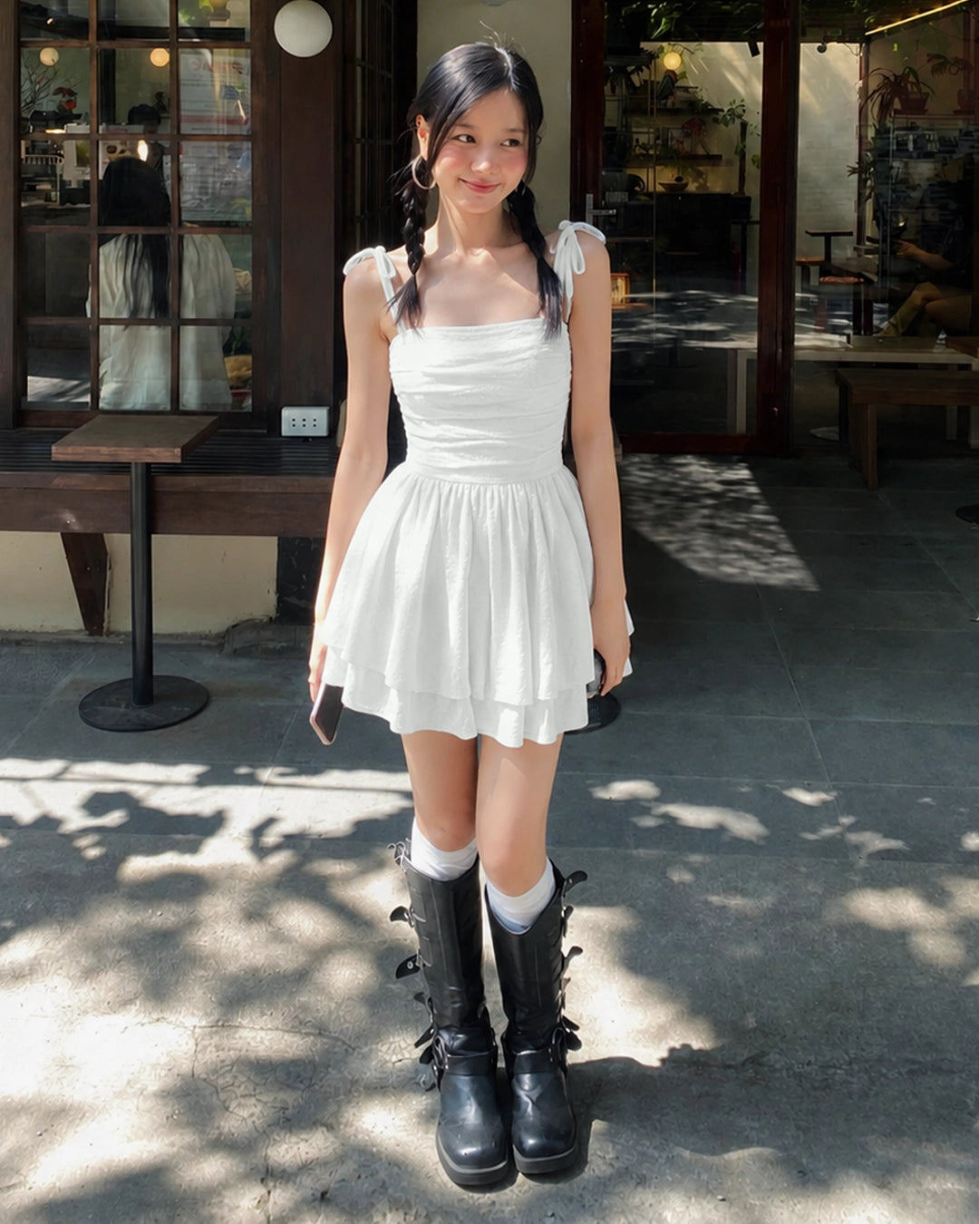 Ruched Tie Strap Tiered Mini Dress in Classic White