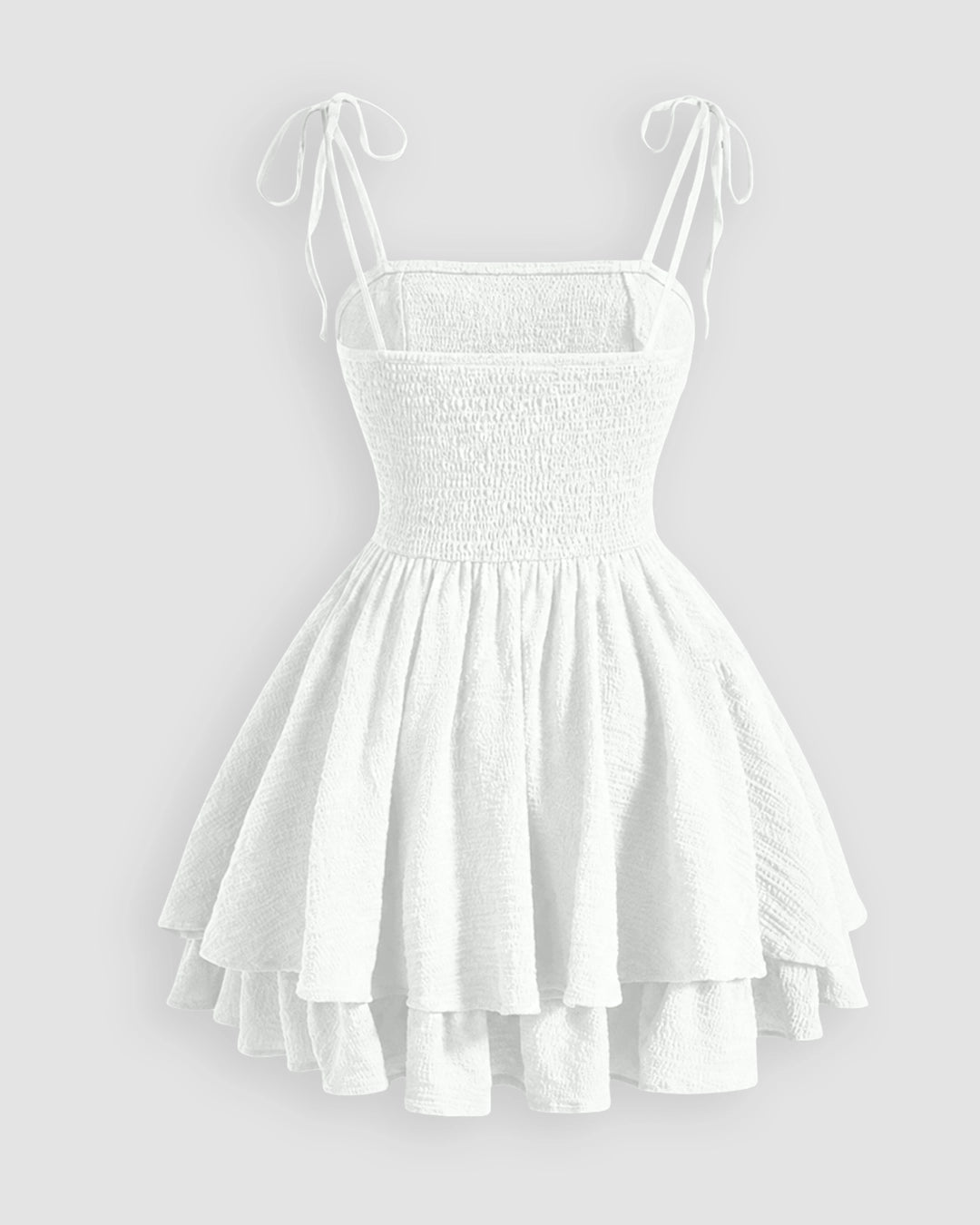 Ruched Tie Strap Tiered Mini Dress in Classic White