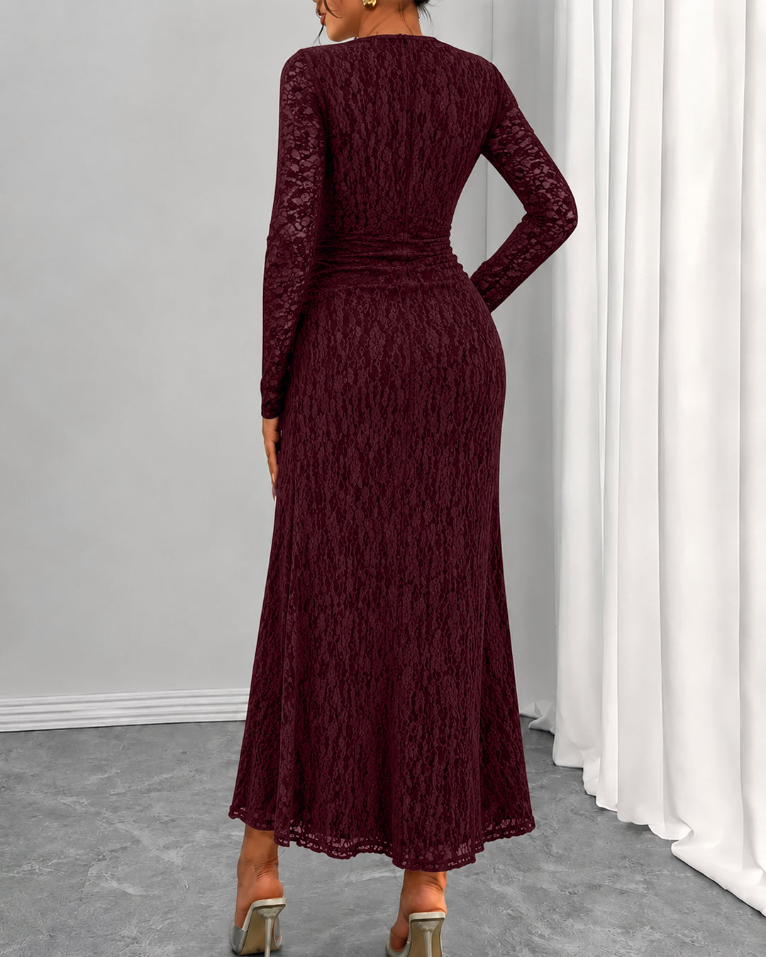 Square Neck Lace Midi Dress in Merlot