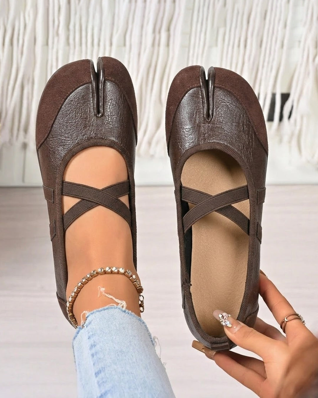 Cross Strap Split Toe Ballet Flats in Brown