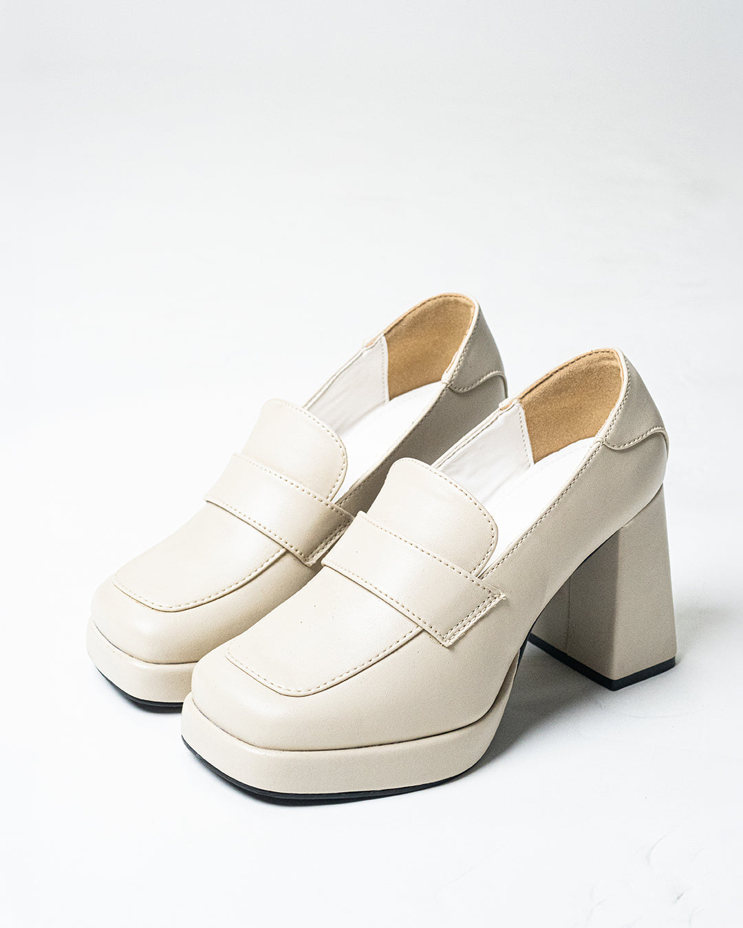 Platform Penny Loafer Block Heels in White