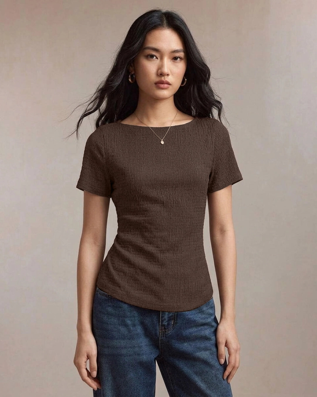 Textured Back Tie Detail Top In Cocoa Brown